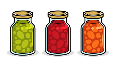 Jar of jam in 3 colors isolated on white vector illustration in cartoon style, delicious and healthy natural food homemade marmalade.