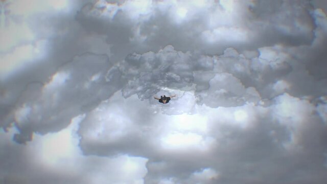 Man Flying Clouds Fast In Sky. Man flying through clouds in sky with supersonic speed. Superhero concept