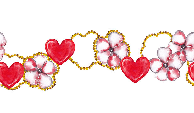 Valentine's Day floral seamless border. Pink jewelry flowers with golden beads and red hearts. Romantic modern holiday decor. Watercolor hand painted isolated element on white background.
