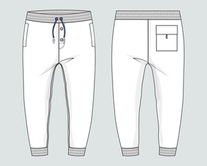 Fleece fabric Jogger Sweatpants overall technical fashion flat sketch vector illustration template front, back views. Apparel Clothing Design Mock up CAD.
