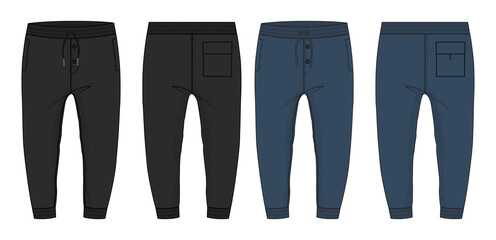 Black and navy color Basic Sweat pant technical fashion flat sketch template front, back views. Apparel Fleece Cotton jogger pants vector illustration drawing mock up for kids and boys.
