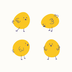 Set of four simple yellow chicks, chicken. Vector minimalistic elements for Easter, childrens or animal designs.