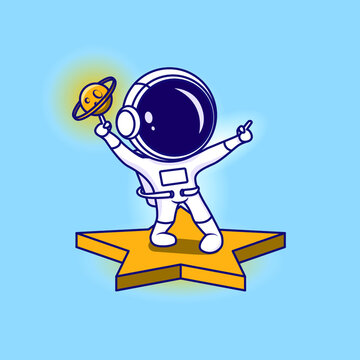A vector astronaut standing on a star with a planet