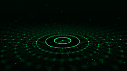 Abstract green background of circular flow of particles. Digital cyberspace. Network connections structure. 3D rendering.