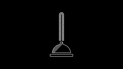 White line Rubber plunger with wooden handle for pipe cleaning icon isolated on black background. Toilet plunger. 4K Video motion graphic animation
