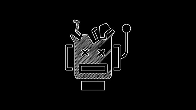 White line Broken robot icon isolated on black background. Artificial intelligence, machine learning, cloud computing. 4K Video motion graphic animation