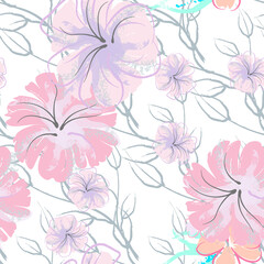 Pink Flowers Blooming Pattern. Pastel Watercolor.
