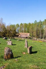Stone circle on a meadow with a longhouse in the background