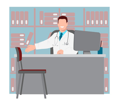 Smiling male doctor is sitting at the table and points to an empty chair. There is a stethoscope on his neck. Therapist invites the patient to the office. Vector illustration in flat style