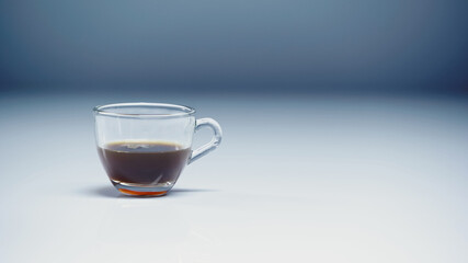 prepared espresso in glass cup on white and grey.