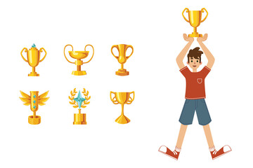 Gold award cups for kid champion set. Vector illustrations of happy child winner holding prize reward. Cartoon trophy for winning competition isolated on white. Victory, success achievement concept