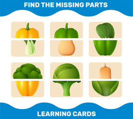 Match cartoon vegetables parts. Matching game. Educational game for pre shool years kids and toddlers