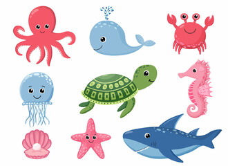 Cartoon zeedieren. Leuke oceaanvissen, octopus, haai en schildpad, kwallen, krab en zeehond. Onderwater dieren in het wild wezens vector illustratie set
