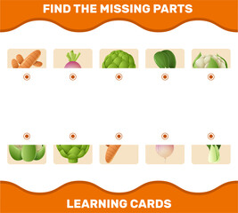 Match cartoon vegetables parts. Matching game. Educational game for pre shool years kids and toddlers