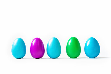 five different colored easter eggs in a row on white background