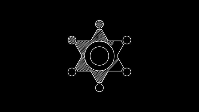 White line Hexagram sheriff icon isolated on black background. Police badge icon. 4K Video motion graphic animation