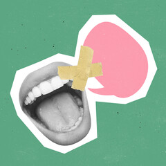 Modern design, contemporary art collage. Inspiration, idea, trendy urban magazine style. Open mouth and speech bubble with finger tape