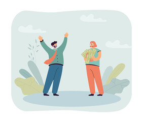Female sponsor or money lender giving cash to happy businessman. Investor holding banknotes and coins flat vector illustration. Finances, success, investment concept for banner or landing web page