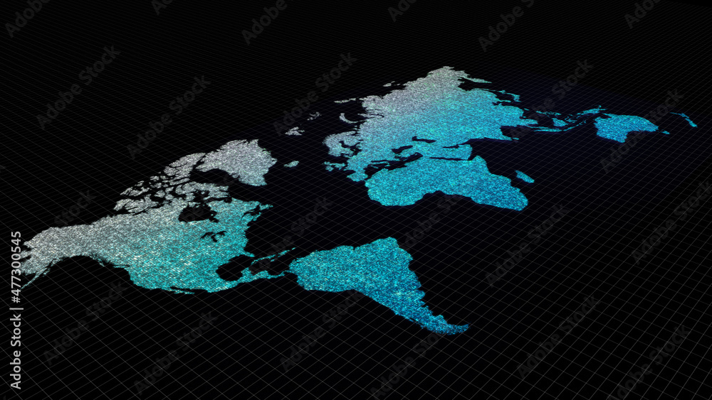 Poster futuristic global map continents, cartography in abstract particles illustration. world map element 