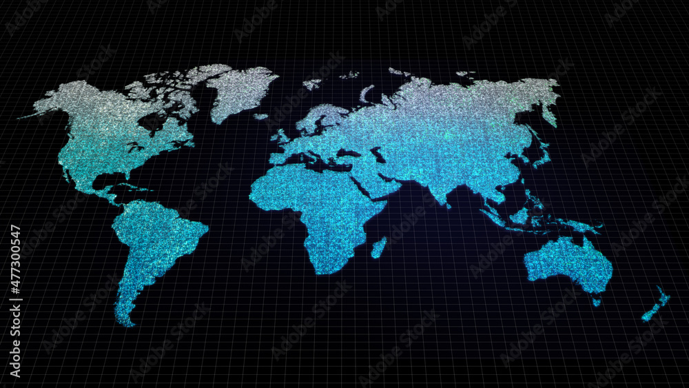Aufkleber futuristic global map continents, cartography in abstract particles illustration. world map element 