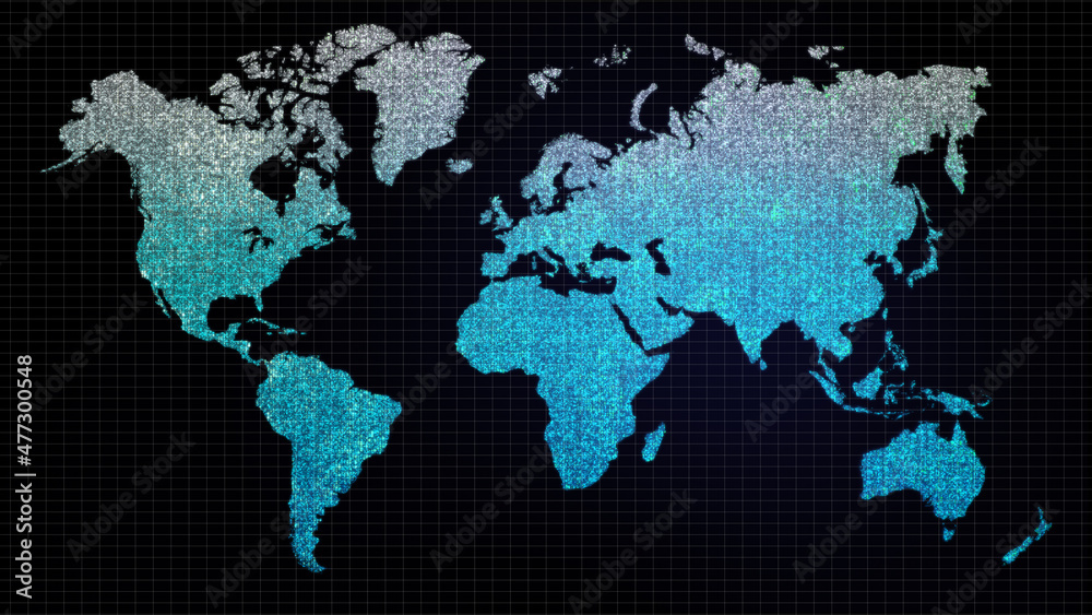 Poster futuristic global map continents, cartography in abstract particles illustration. world map element 