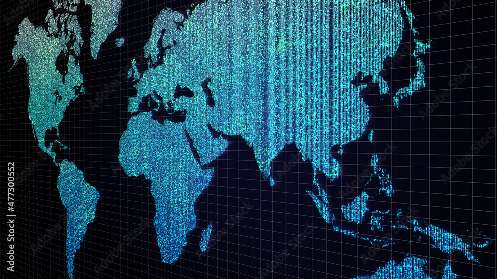 Aufkleber futuristic global map continents, cartography in abstract particles illustration. world map element 