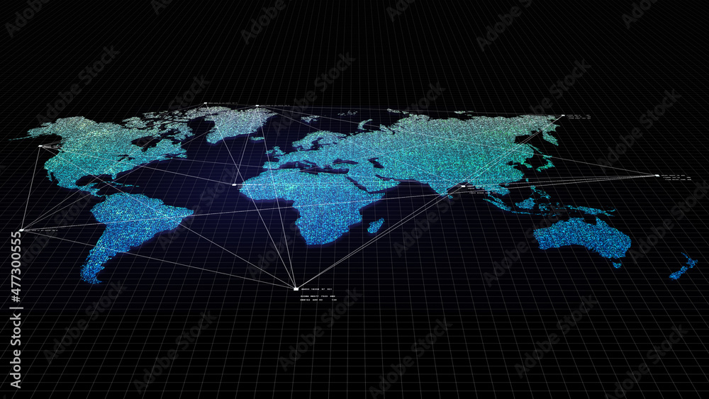 Poster futuristic global map continents, cartography in abstract particles illustration. world map element 