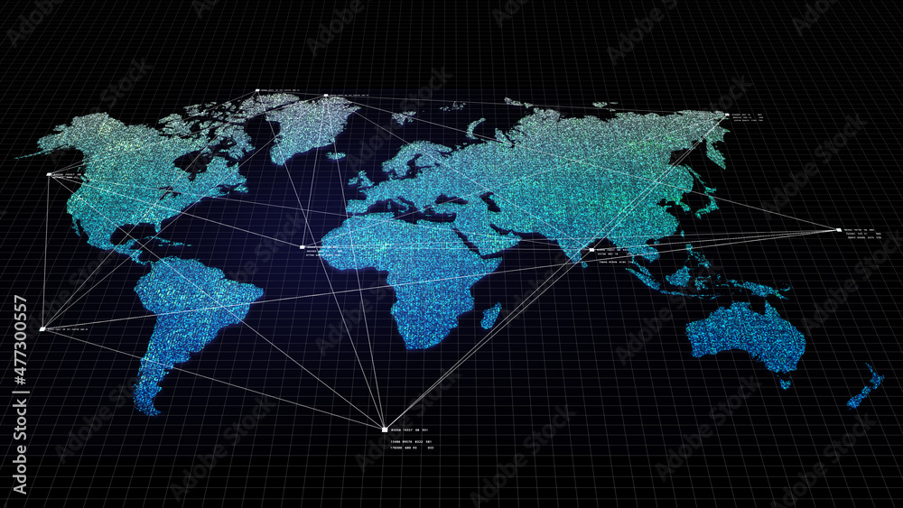 Aufkleber futuristic global map continents, cartography in abstract particles illustration. world map element 