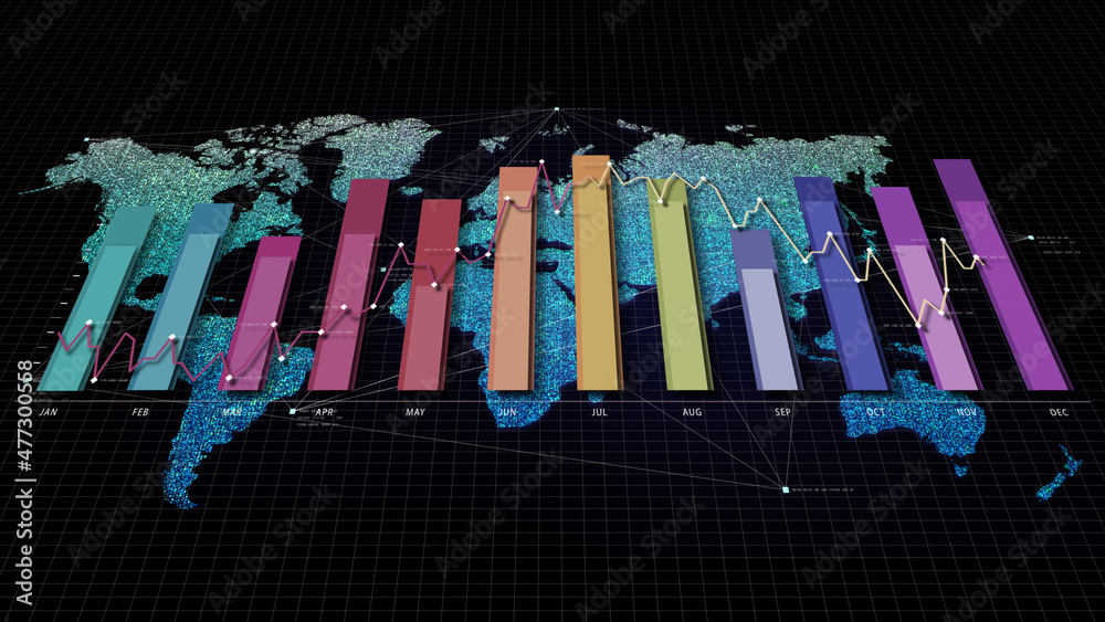 Aufkleber Futuristic Business global map with bar and line graph in abstract particles illustration. World map element of this illustration furnished by NASA