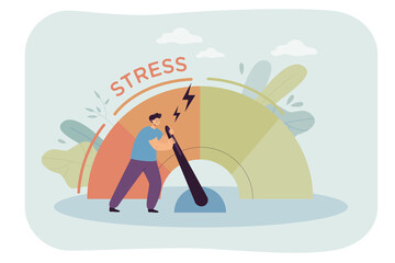 Tired and angry business person reducing level of stress. Male character pulling arrow, frustration measure flat vector illustration. Stress, crisis, time management concept for banner, website design