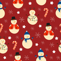 Seamless pattern of cute hand drawn snowmans with different clothes and decoration. Snowman and candy cane on red background