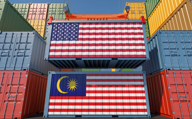 Freight containers with USA and Malaysia national flags. 3D Rendering 