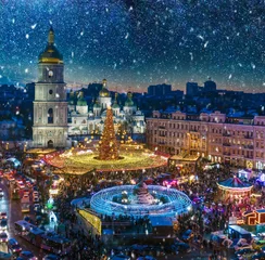 Papier Peint photo Kiev Beatiful view of Christmas on Sophia Square in Kyiv, Ukraine. Main Kyiv's New Year tree and Saint Sophia Cathedral on the background view
