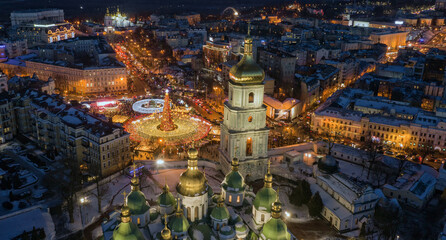 Beatiful view of Christmas on Sophia Square in Kyiv, Ukraine. Main Kyiv's New Year tree and Saint Sophia Cathedral on the background view