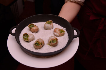 Snails with green sauce on a pillow of salt in a cast iron pan, the waiter serves a boludo, close-up, selective focus.
