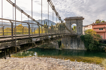 Fototapeta premium The ancient Ponte delle Catene bridge, that connects Chifenti with Fornoli, Lucca, Italy