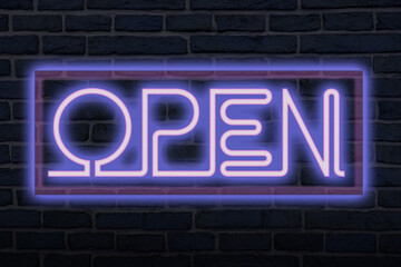 Obraz premium A bright pink and blue neon sign which says open.