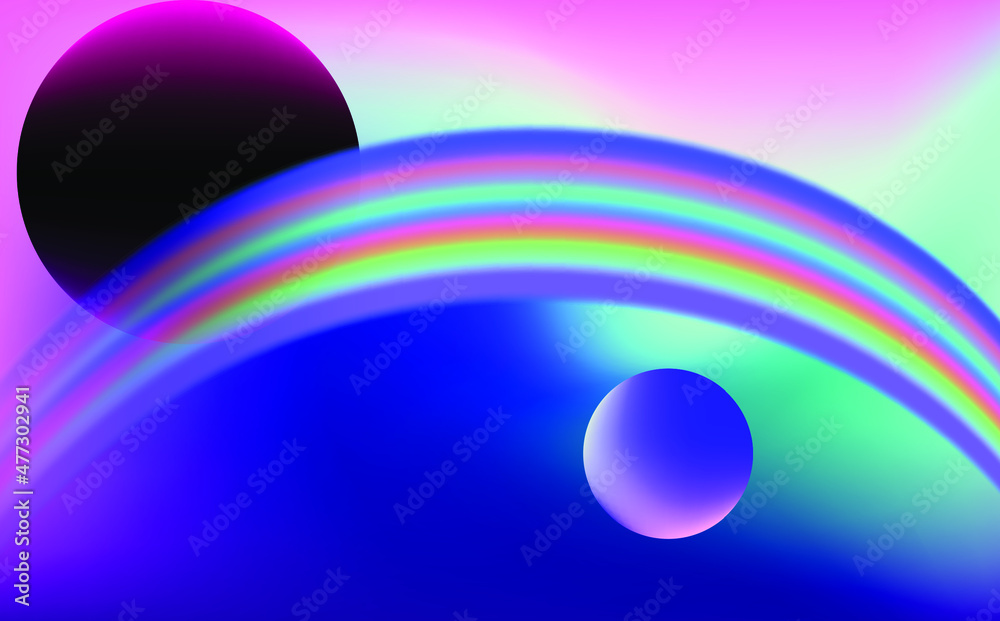 Poster abstract fantasy background with rainbow on bright colorful sky.