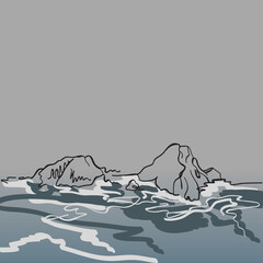 South Korea dokdo island. East sea island liancourt. Mountains graphics. Rocks in the sea. Minimalistic seascape
