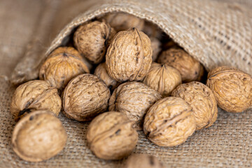 close-up of the nuts comes out of the jute bag, gluten free