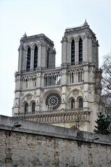 Paris, France - famous Notre Dame cathedral facade saint statues. UNESCO World Heritage Site