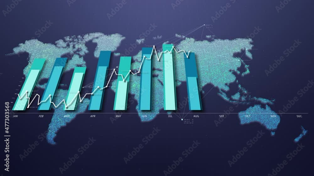 Aufkleber Futuristic Business global map with bar and line graph in abstract particles illustration. World map element of this clip furnished by NASA