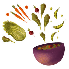 Hand drawn isolated vegetable salad mix. Mixed veggies illustration clipart. Seasonal autumn food.