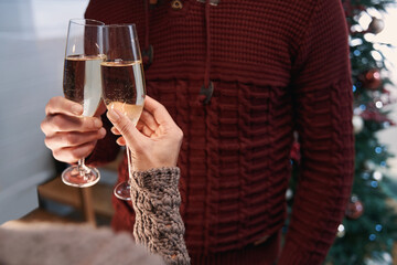 Couple clinking by glasses while celebrating Christmas