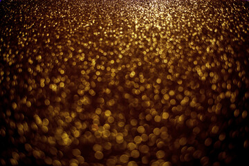 Holiday gold glowing glittering backdrop. Defocused background with glitter. Blurred bokeh.