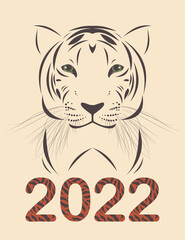 Postcard Happy New Year vertical. Fragment of a striped cute tiger on a pink background. The tiger symbol 2022 wishes happiness and prosperity. 