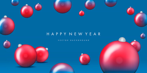 Happy New Year horizontal background with realistic decoration. Vector illustration