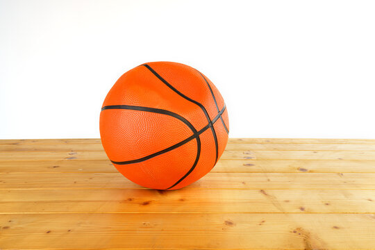 A basketball that is bumpy due to leaks and no gas inside put on wooden floor isolated on white background..