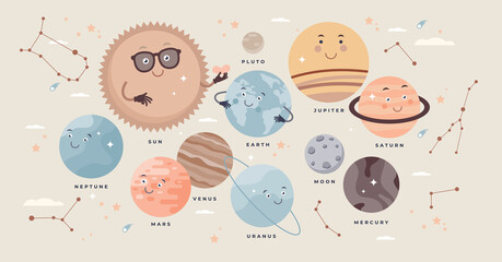 Planets set with cosmos stars, moons and solar system tiny person collection. Cute satellite sky objects with sun, neptune, mars, venus and saturn animated globes vector illustration. Universe assets. © VectorMine