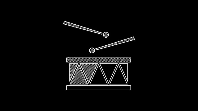 White line Drum with drum sticks icon isolated on black background. Music sign. Musical instrument symbol. 4K Video motion graphic animation